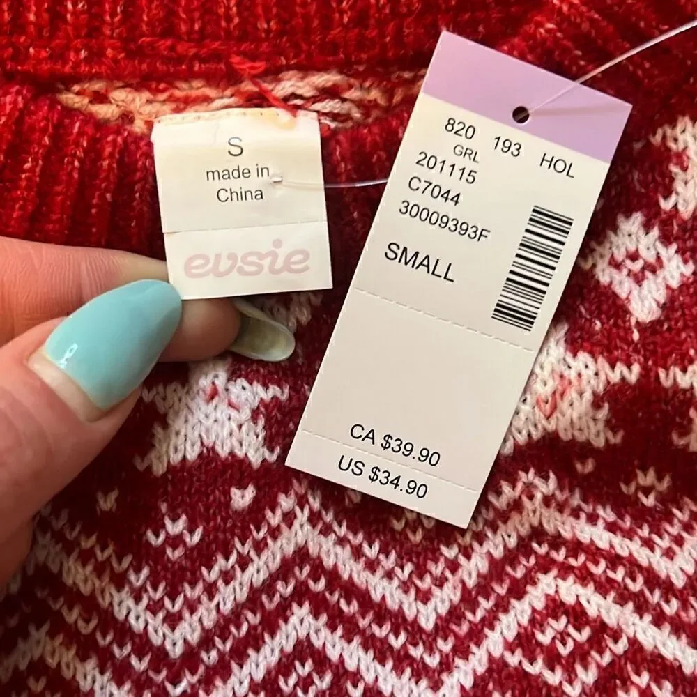 Evsie Girl’s Red Chevron Long Sleeve Crew Neck Sweater Dress Small NWT